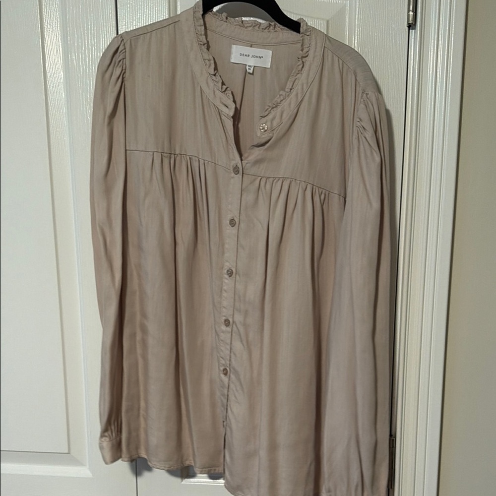 Dear John Gathered Button-Front Blouse in Light Beige